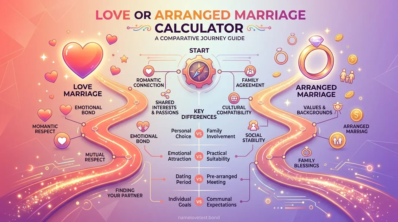 Love or Arranged Marriage Calculator showing gradient spectrum from arranged to love marriage with 4-factor breakdown